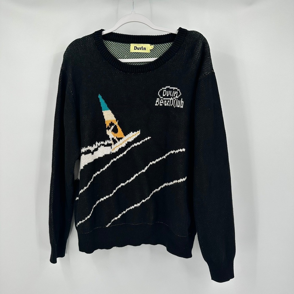 Duvin Beach Club Mens Black Cotton Graphic Knit Windsurf Sweater Size L Vacation